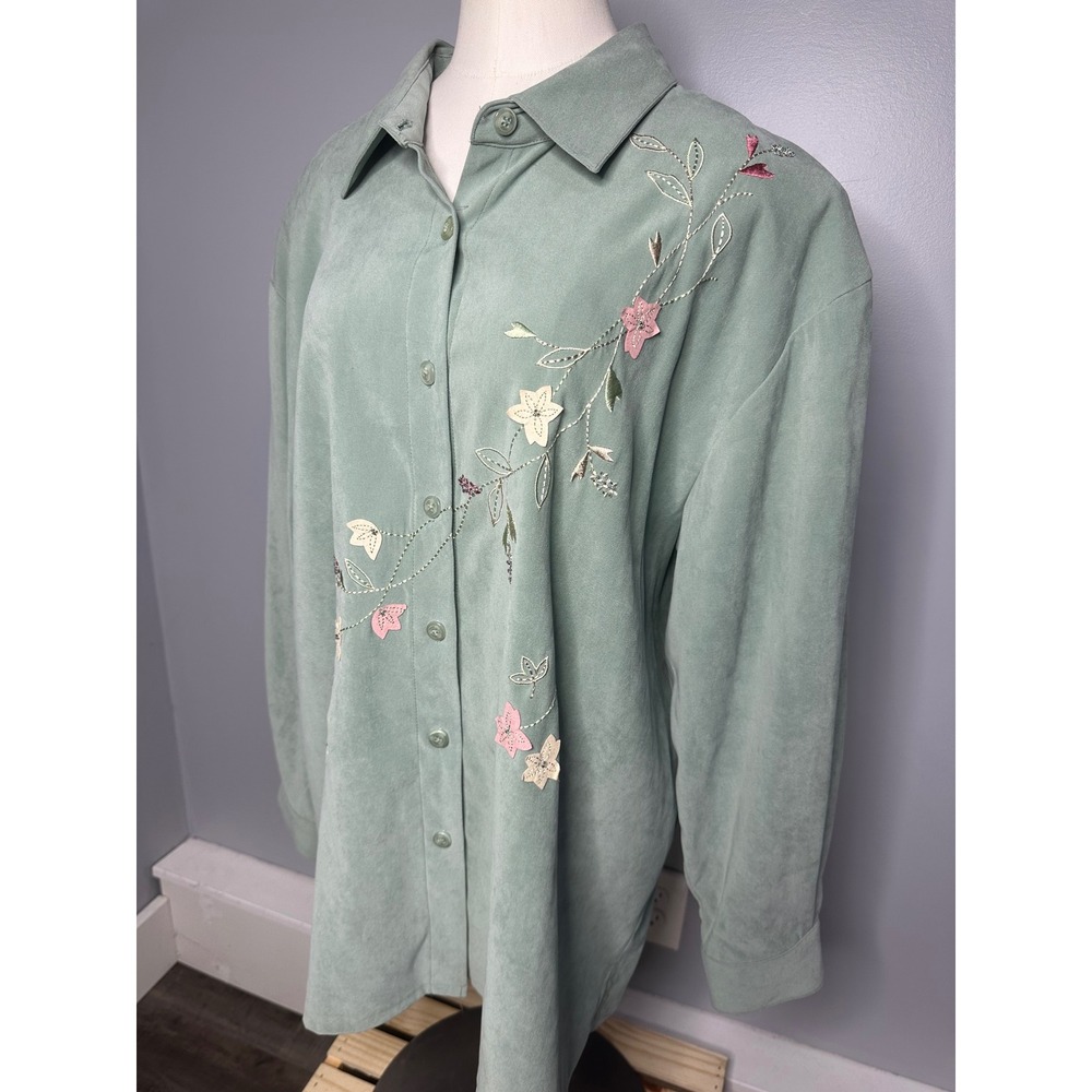 Teddi Woman Sage Green Faux Suede Floral Embroidered Button Down Shirt 2X